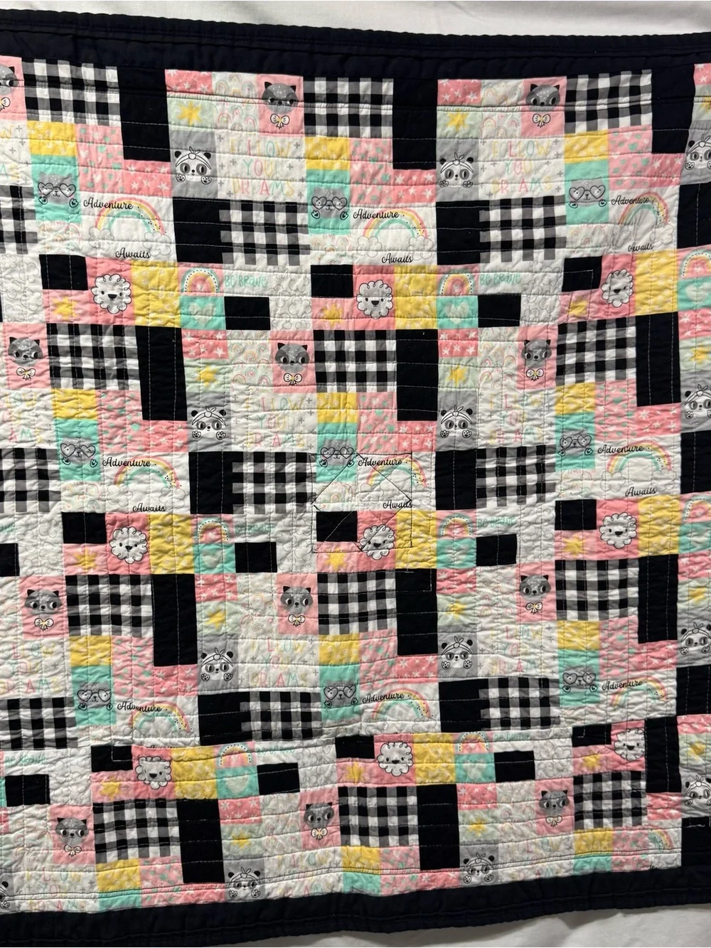 Handmade Baby Nursery Quilt Animals Rainbows & Checkered Reversible Patchwork